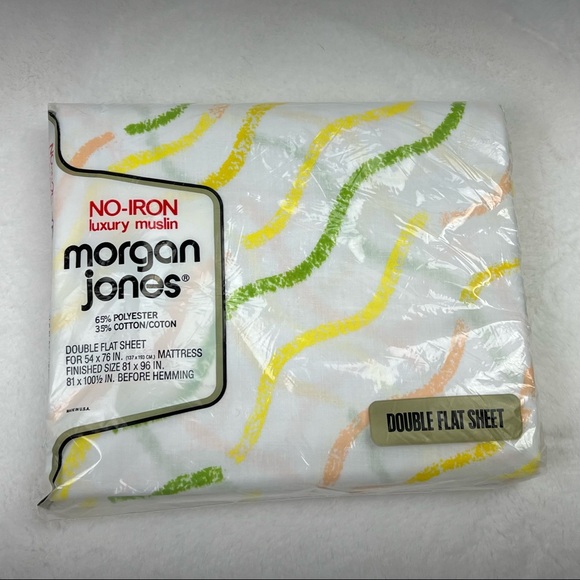 Vintage Morgan Jones Double Flat Sheet White Waves Lines Yellow Green Muslin NIP - Picture 1 of 7
